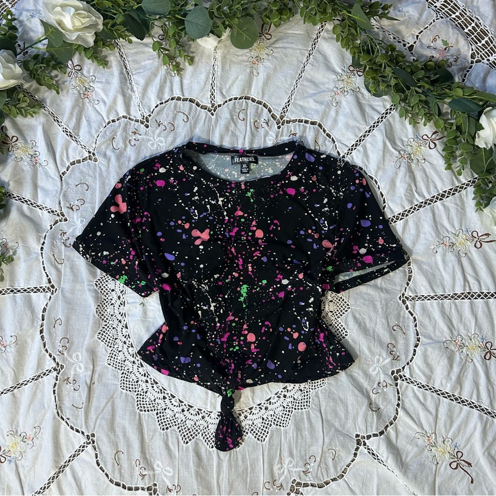 feathers Black Crop Top with Pink, Purple & Green Splatter